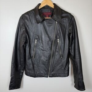 Margaret Godfrey Black Leather Motorcycle Jacket Full Zip Size 8 Pockets Zippers